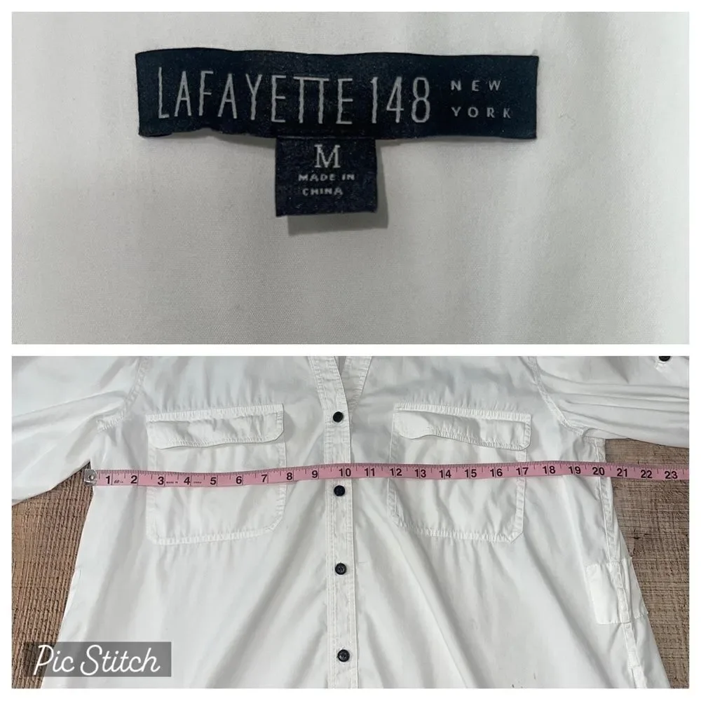 Lafayette 148 white button down shirt pockets 3/4 sleeve roll tab - Picture 9 of 13